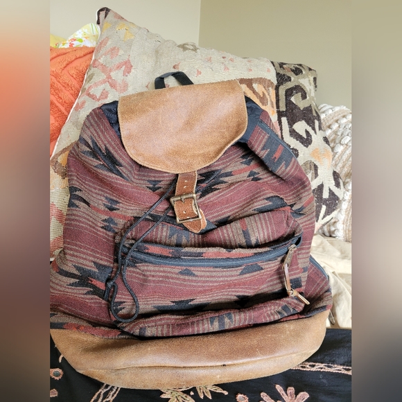 Vintage 90s Jansport Leather Aztec Backpack Burgundy Tan Black Made In USA - Picture 9 of 10